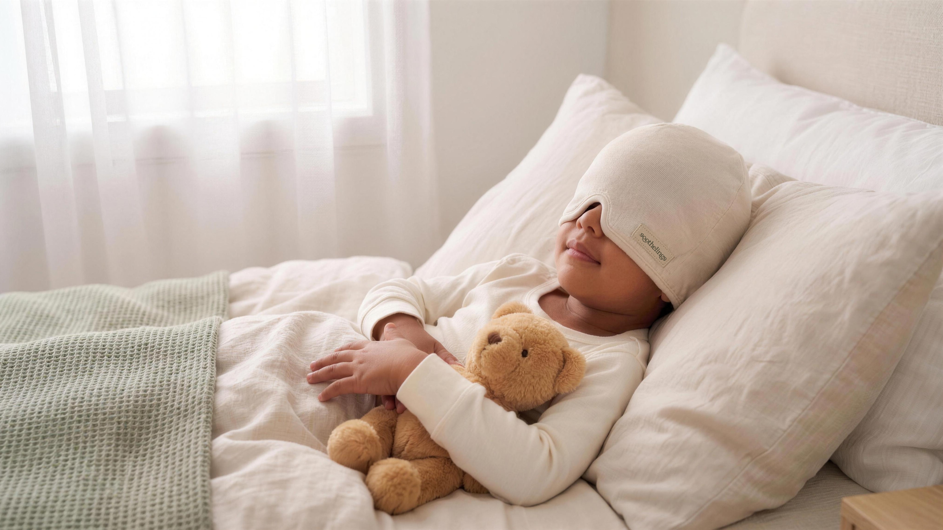A child resting propped up in bed with eyes covered by the Soothe Crown, hugging a teddy bear in soft morning light.